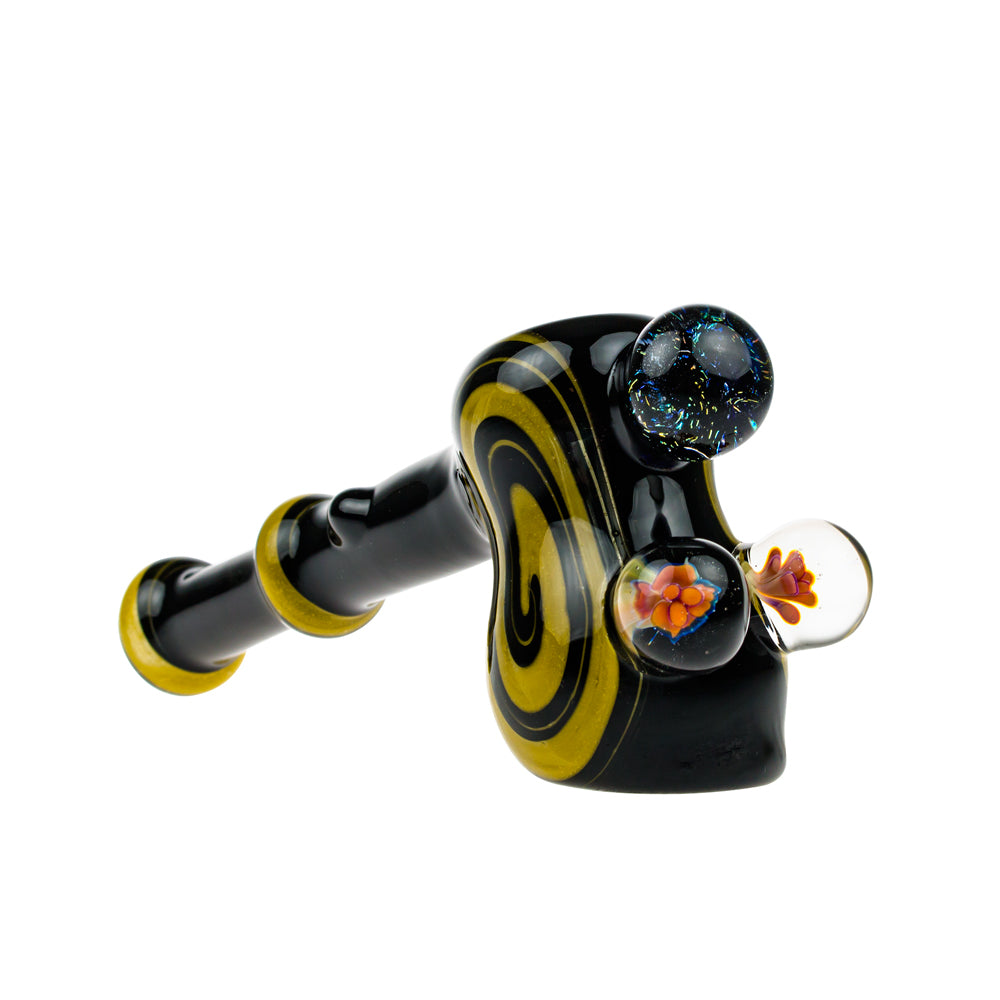 G-Spot Glass Hammer Bubbler Pipe - Black and Yellow with Three Large Marbles - Side view 2