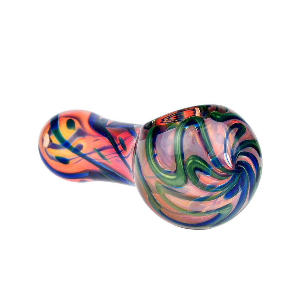 G-Spot Glass Spoon Pipe - Pink and Gold with Blue and Green - Side view 2