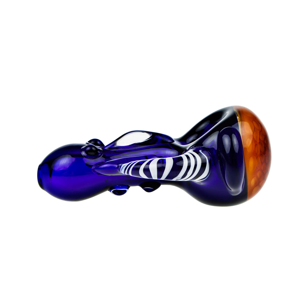 G-Spot Glass Spoon Pipe - Blue Glass with Honeycomb Bowl and Striped Appendage - Side view 1