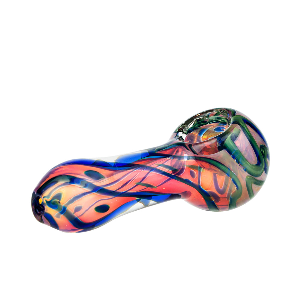 G-Spot Glass Spoon Pipe - Pink and Gold with Blue and Green - Side view 4