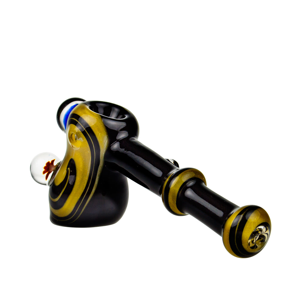 G-Spot Glass Hammer Bubbler Pipe - Black and Yellow with Three Large Marbles - Side view 3