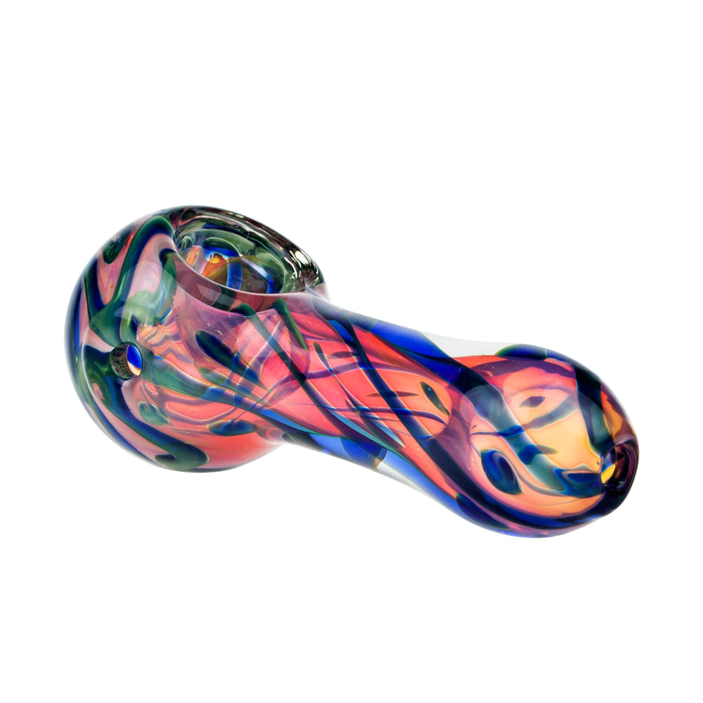 G-Spot Glass Spoon Pipe - Pink and Gold with Blue and Green - Side view 3
