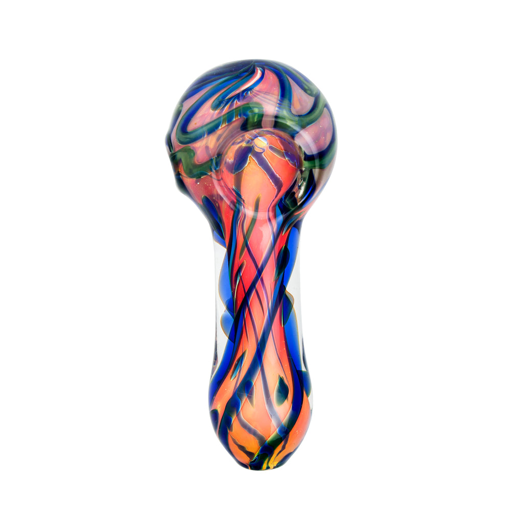 G-Spot Glass Spoon Pipe - Pink and Gold with Blue and Green - Top view 