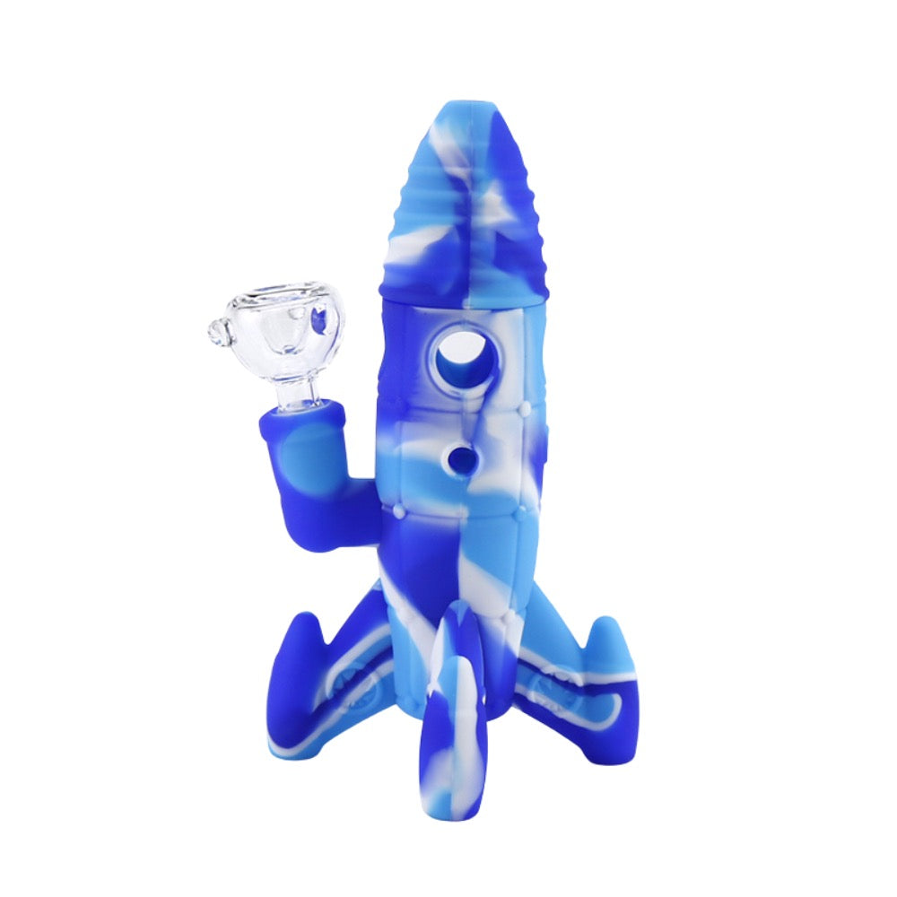 Cloud 8 Rocket Ship Silicone & Glass Water Pipe | White Blue