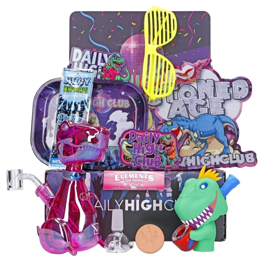 Daily High Club August 2023 Rave Dino Smoking Box | glass dino with bowl - box