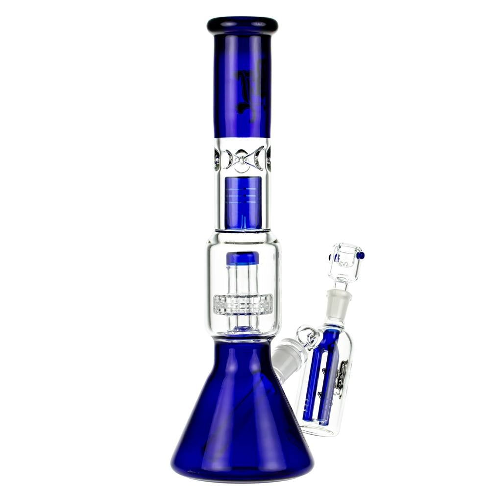 Black Leaf  Beaker Ice Bong with Drum Percolator | Boxed Set - Side View 3 with Herb Bowl and Pre-cooler