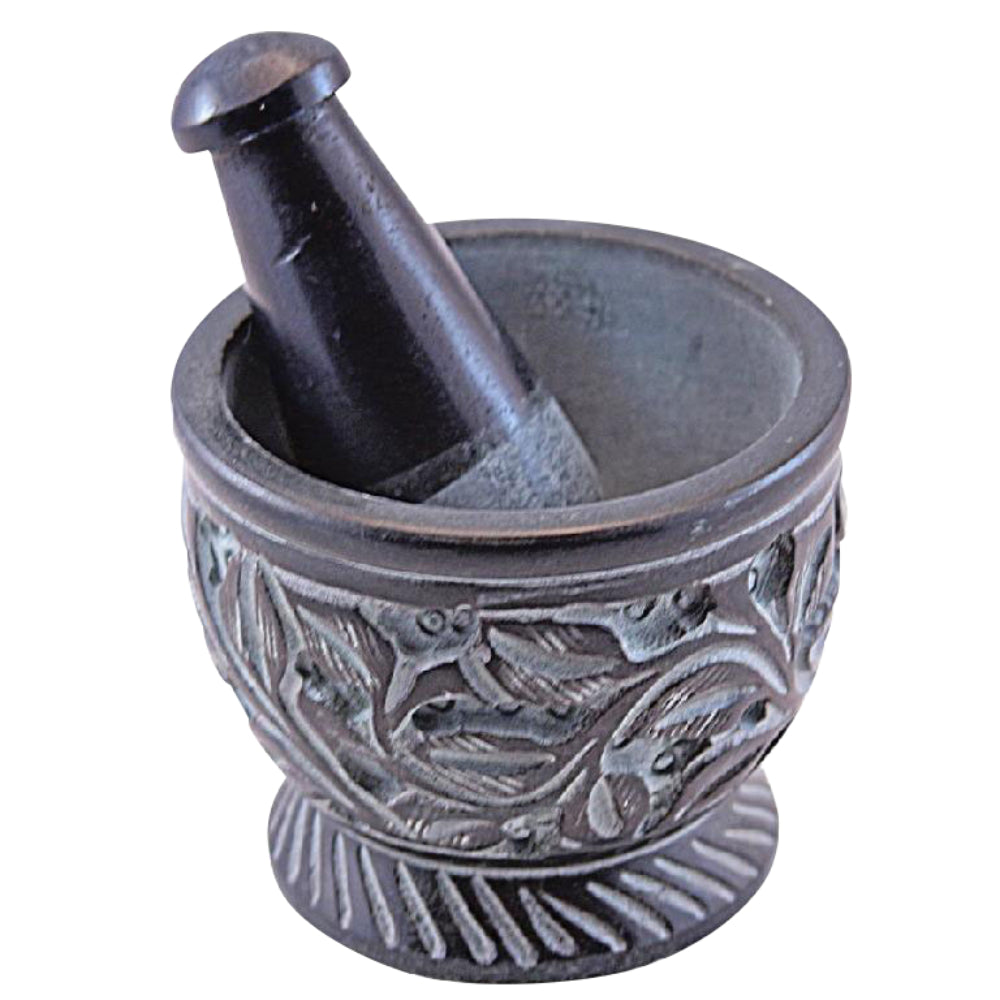 Carved Flower Soapstone Mortar & Pestle