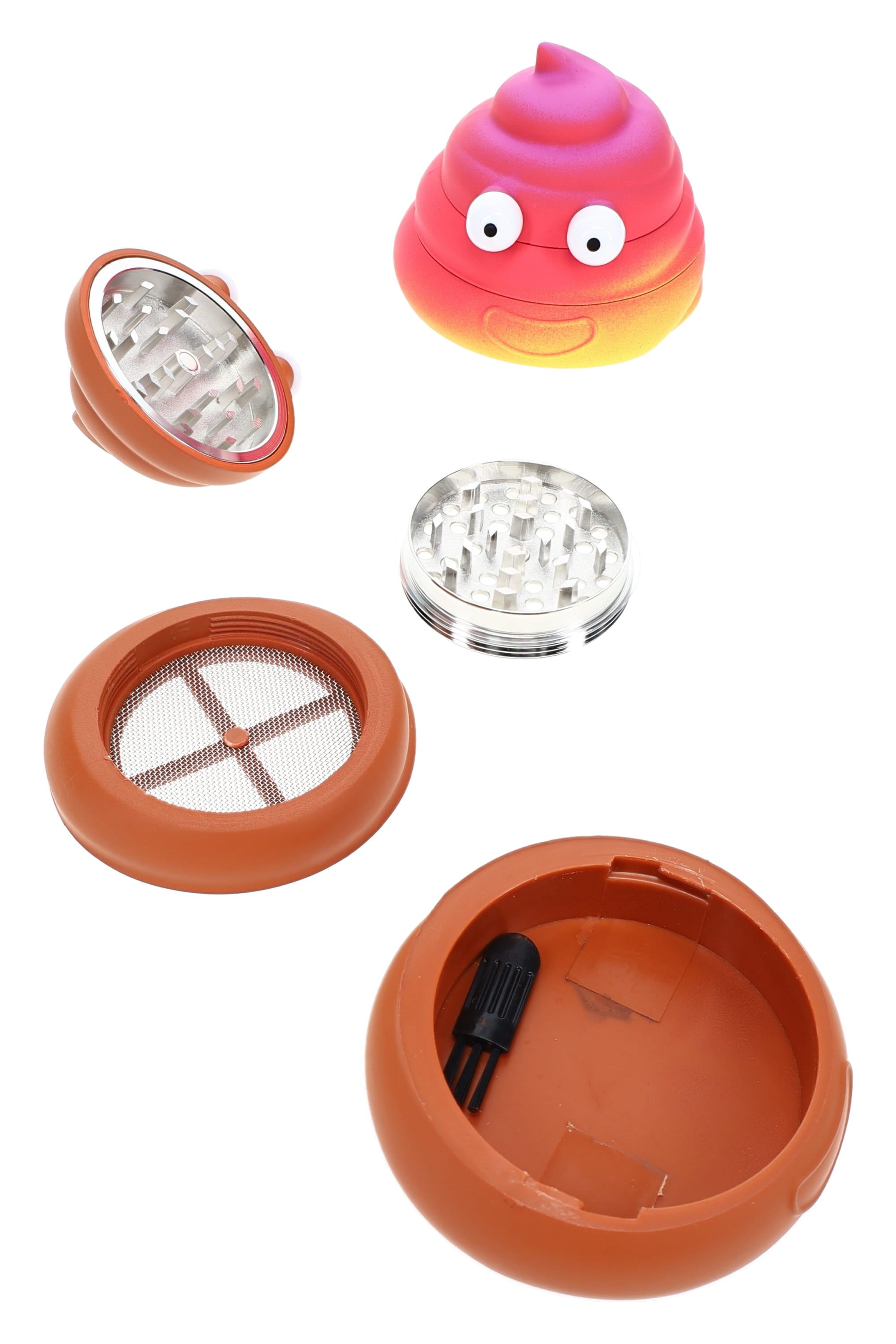 Primate Glass Plastic & Metal Poop Emoji Herb Grinder “Cheeky Chomp” – 1¾″ – Assorted Colors
