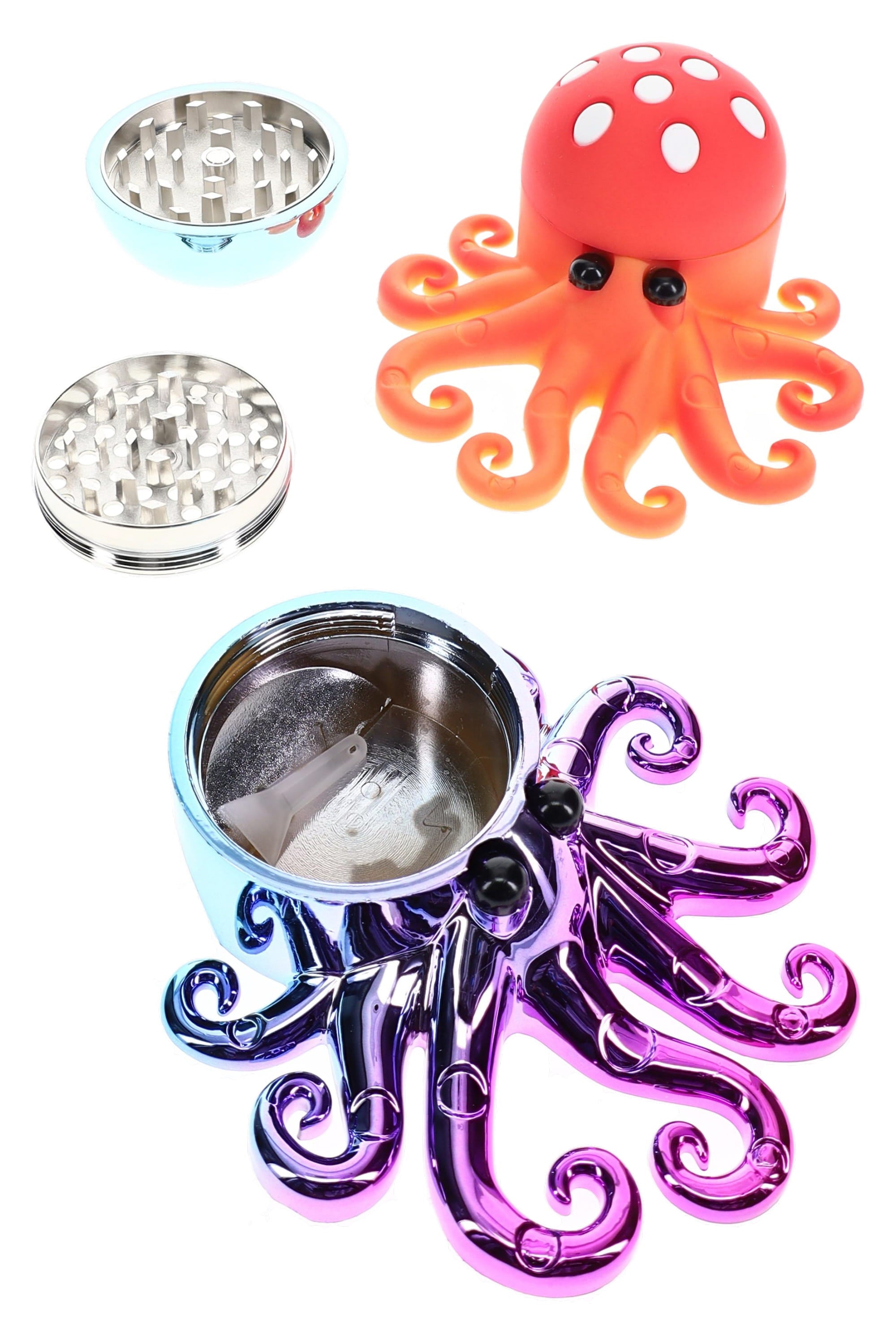 Primate Glass Octopus Metal Herb Grinder “Tentacle Twist” – 1¾″ – Assorted Colors