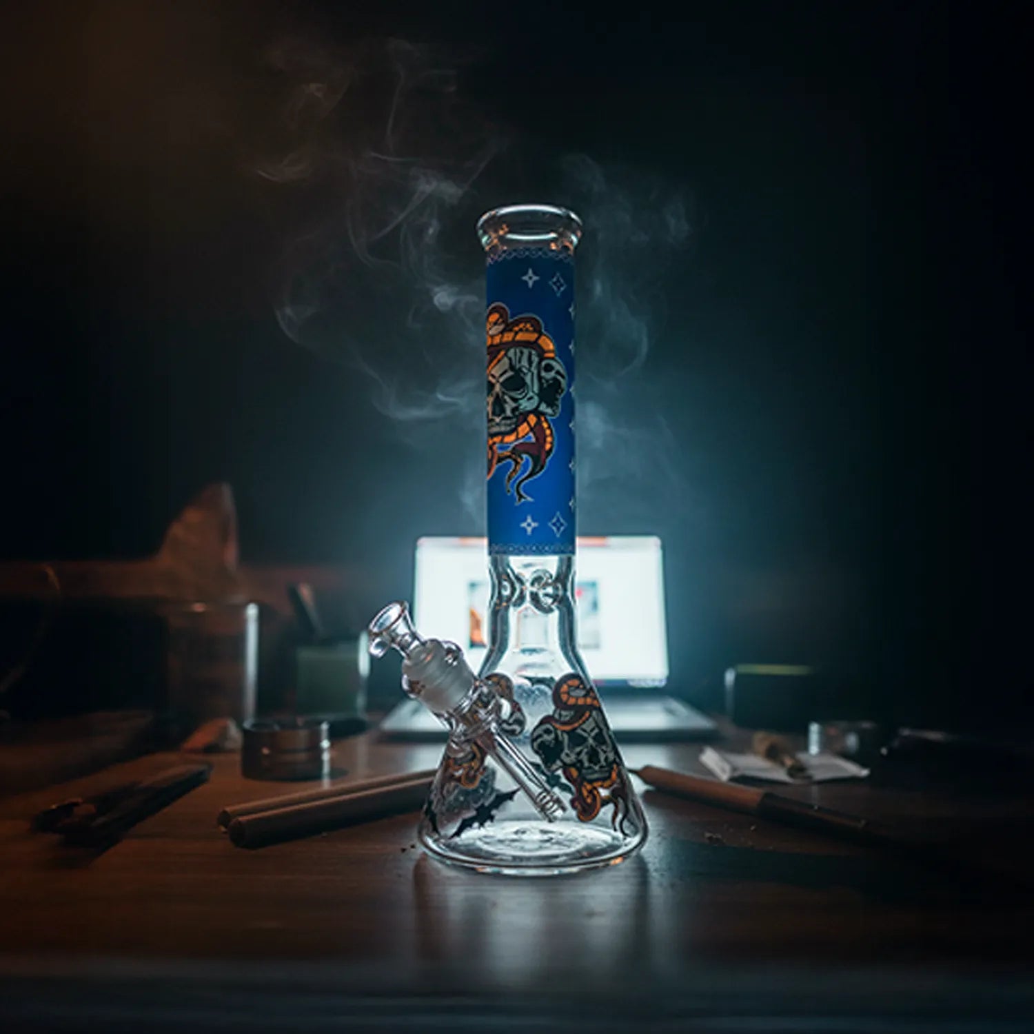 Beaker Ice Bong with Glow in the Dark Snake and Skull Print