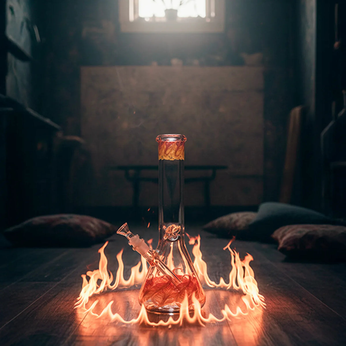 Centered low-angle view of the LA Pipes "Phoenix Rising" Color Wrapped Beaker Bong surrounded by a ring of flames on a dim wooden floor.