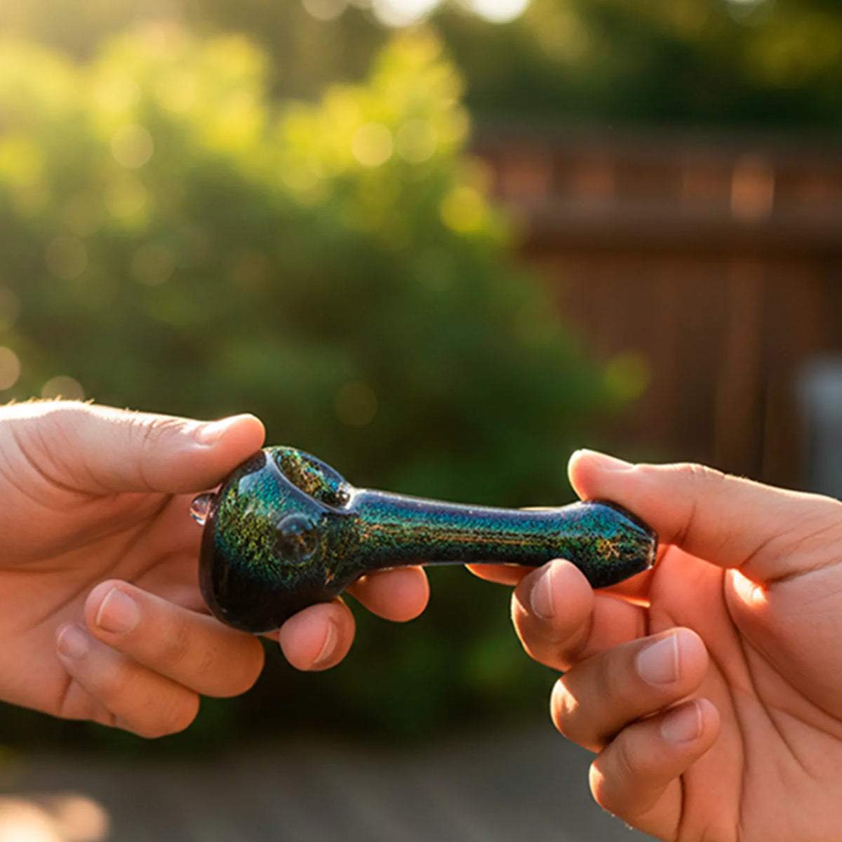 Two hands exchanging a shimmering iridescent LA Pipes Galactic Storm Full Dichro Spoon Pipe held horizontally against a sunlit blurred garden background.