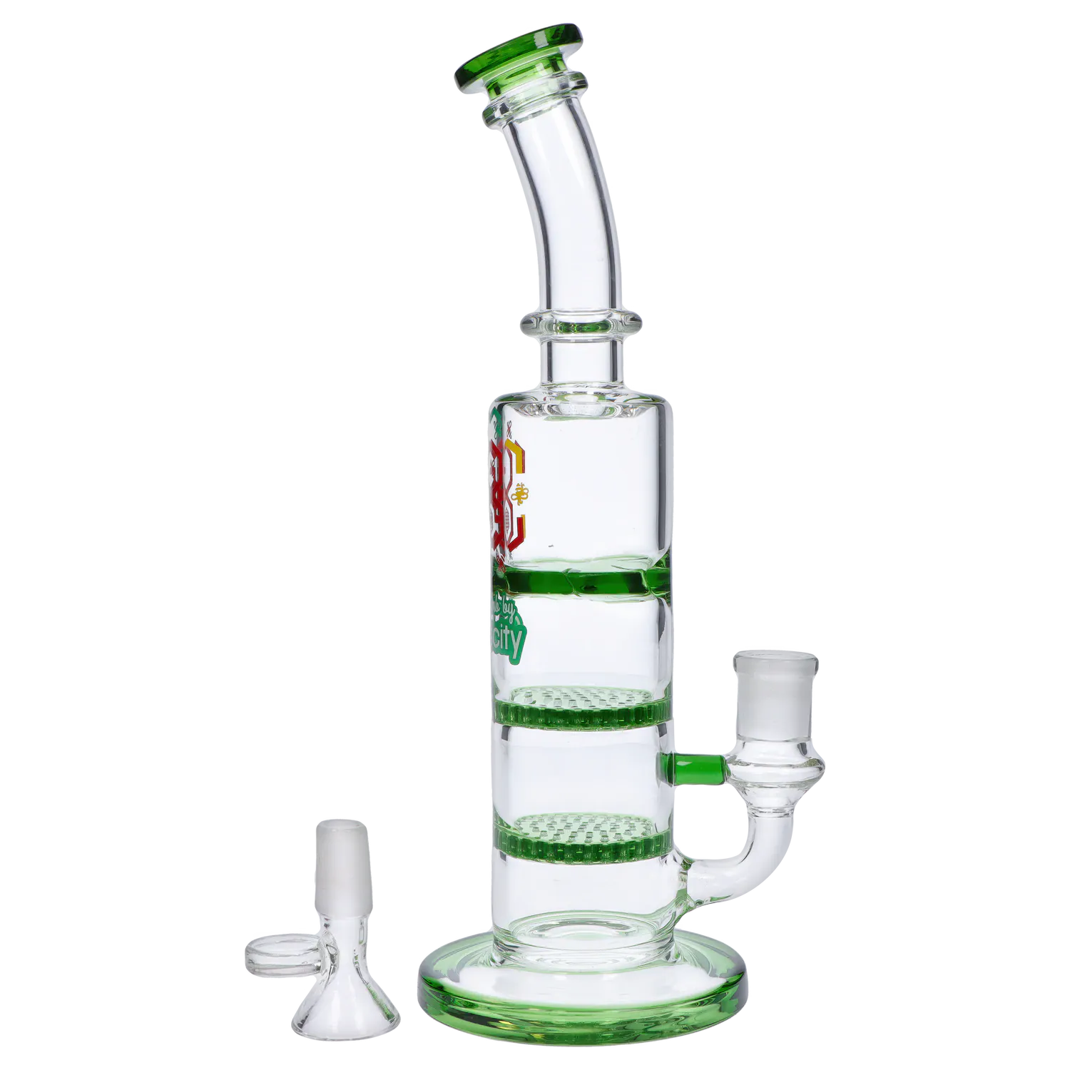 GC Bent Neck Bong w/Triple Honey Comb Perc-Green-9.5 in