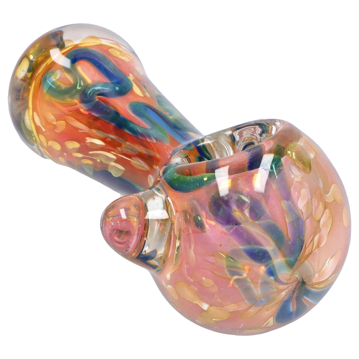 Angled close-up of a colorful glass DHC Frit Twisty Spoon Pipe - 4.5 in., showing iridescent swirls and bubbled texture.