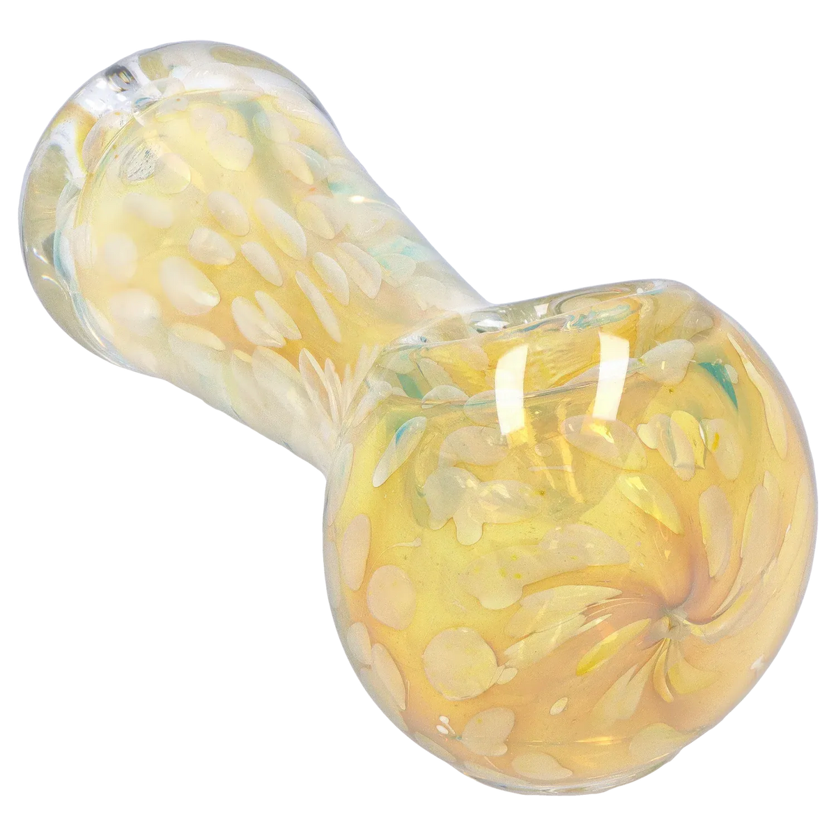 Angled close-up of the DHC Frit Twisty Spoon Pipe - 4.5 in. showing a yellow, swirled glass bowl and textured frit pattern under bright studio lighting