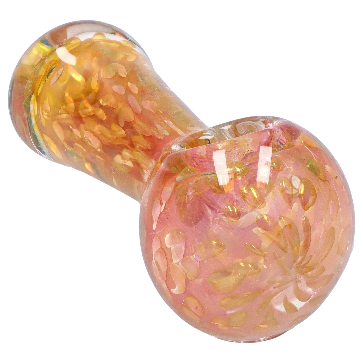 Close-up angled view of a pink and gold speckled glass DHC Frit Twisty Spoon Pipe - 4.5 in., showing the rounded bowl and glossy finish.