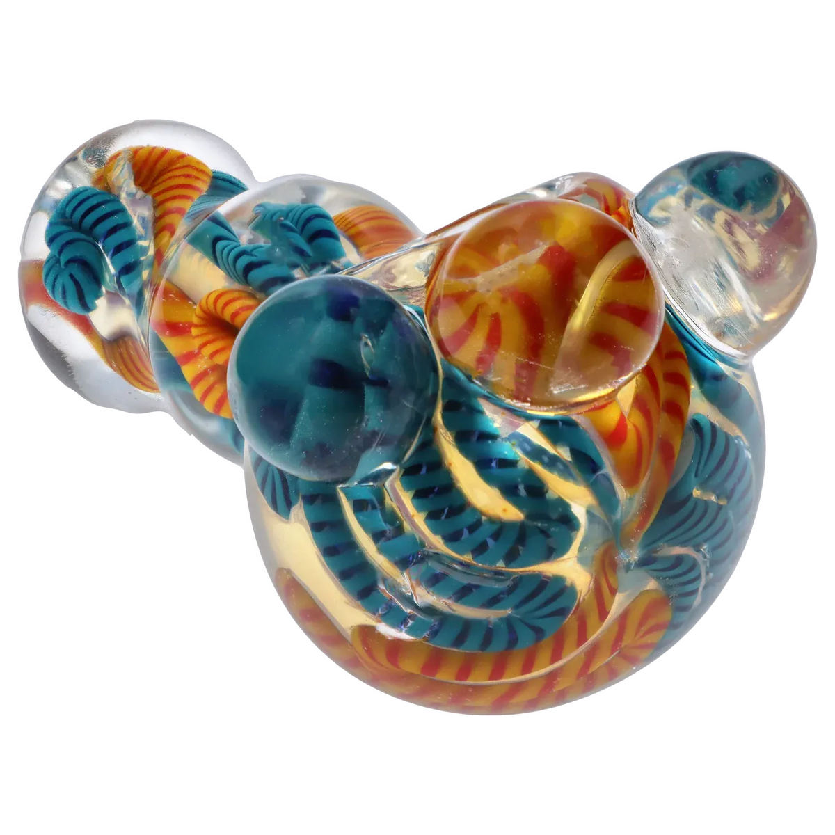 Close-up angled view of the Twisty Color Marble Spoon Pipe - 4.5 in. showing clear glass knobs and twisted blue and orange striped internal swirls.