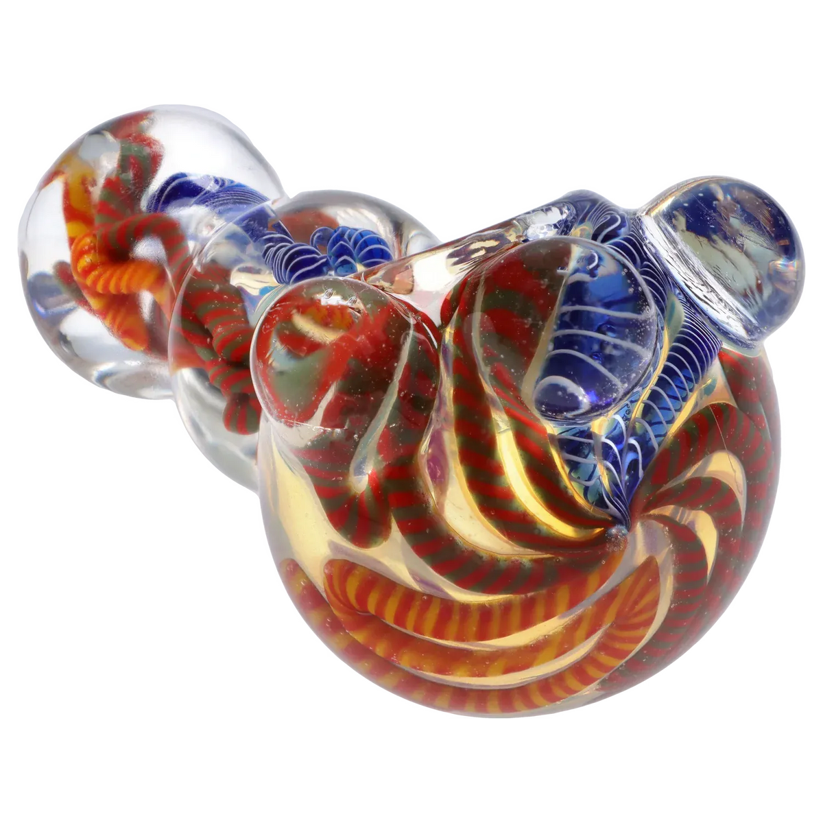 Close-up, angled view of the Twisty Color Marble Spoon Pipe - 4.5 in. showing red-and-yellow twisted ribbons and blue glass marbles beneath a clear glossy surface
