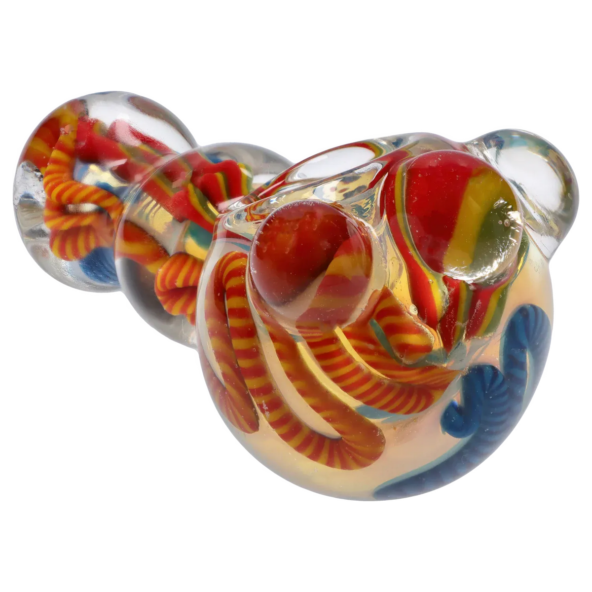 Close-up angled view of the Twisty Color Marble Spoon Pipe - 4.5 in. showing clear glass with red, yellow, and blue twisted ribbons.