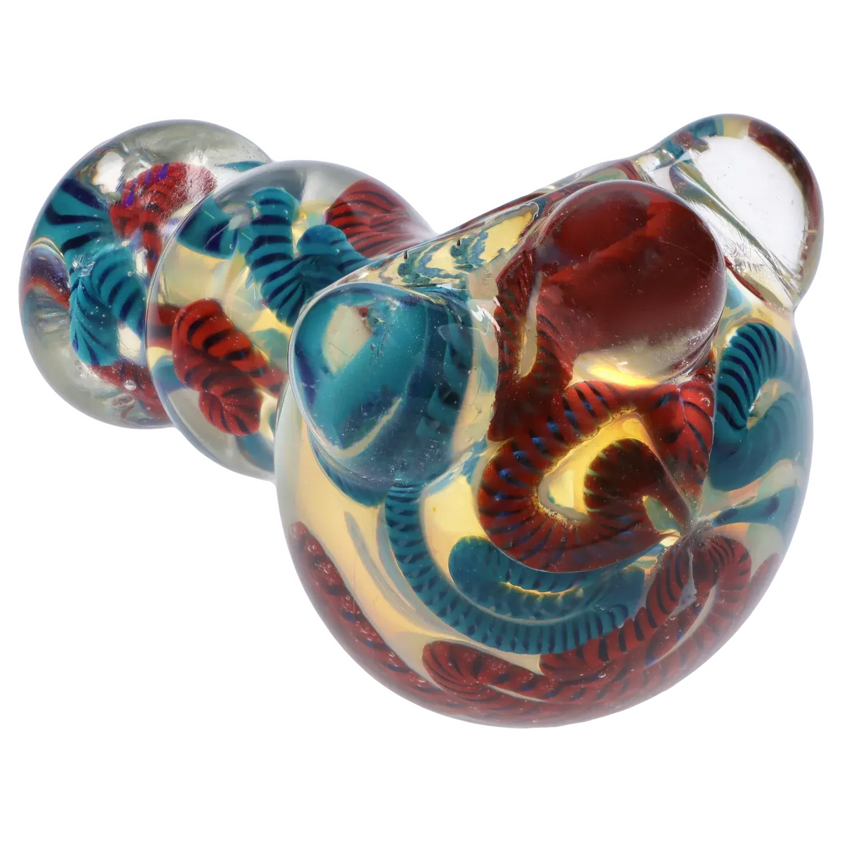 Close-up angled view of the Twisty Color Marble Spoon Pipe - 4.5 in. showing a clear glass body with red and teal twisted internal ribbons and glossy bulbous contours