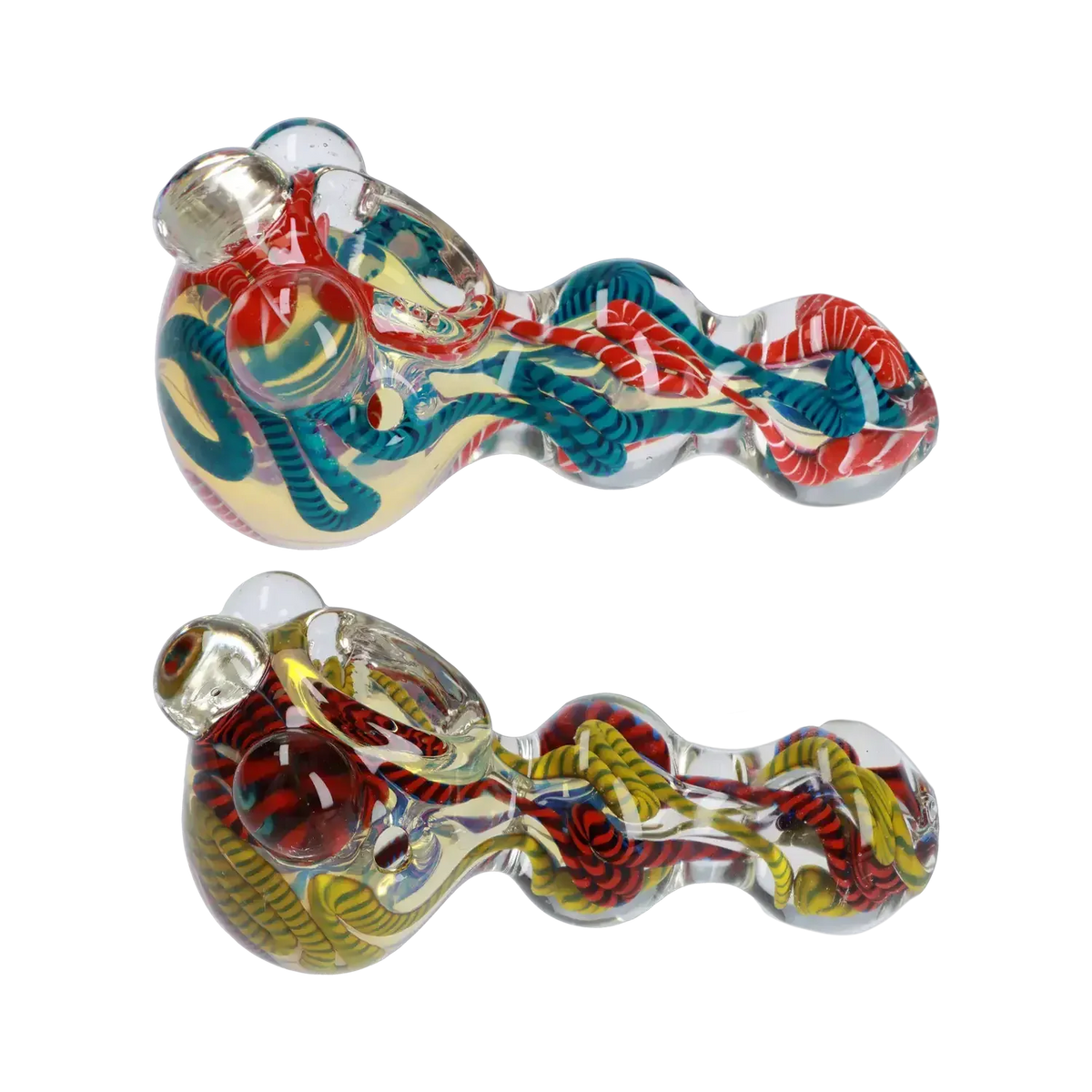Top-down view of the Twisty Color Marble Spoon Pipe - 4.5 in. showing a clear glass spoon with twisted red and teal internal ribbons and reflective highlights.