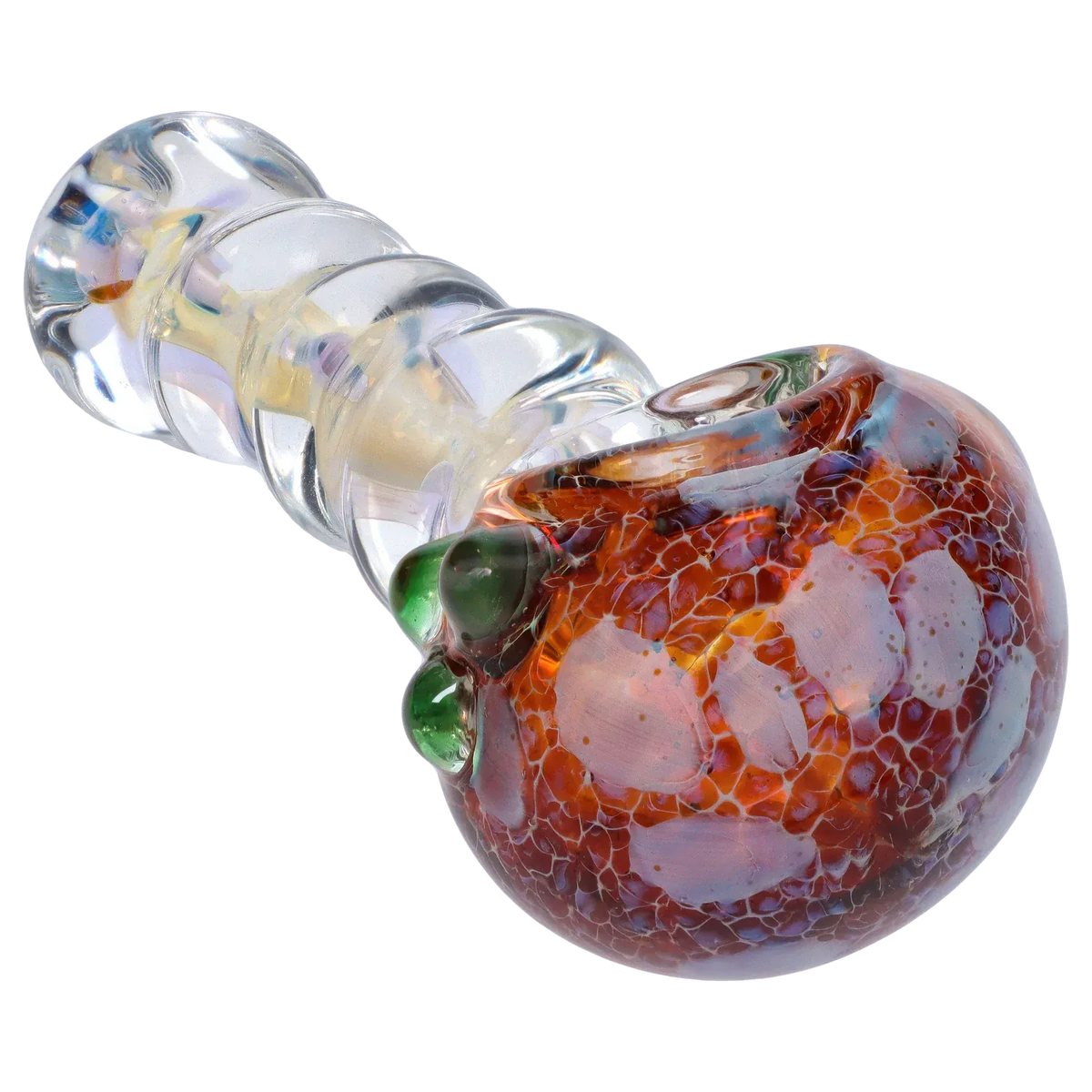 Close-up angled view of the DHC Frit Head with Marbles Spoon Pipe - 5 in., showing a clear twisted handle and a red-orange fritted bowl with green marbles.