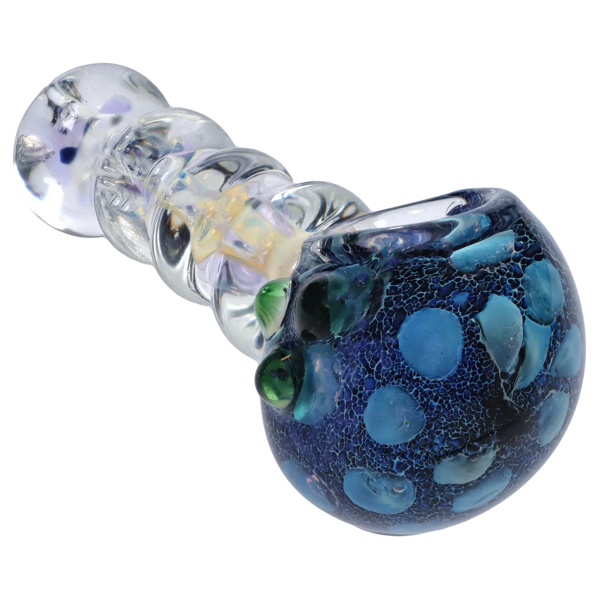 Angled close-up of the DHC Frit Head with Marbles Spoon Pipe - 5 in., showing a blue-speckled bowl with raised green marbles and a clear, twisted glass stem.