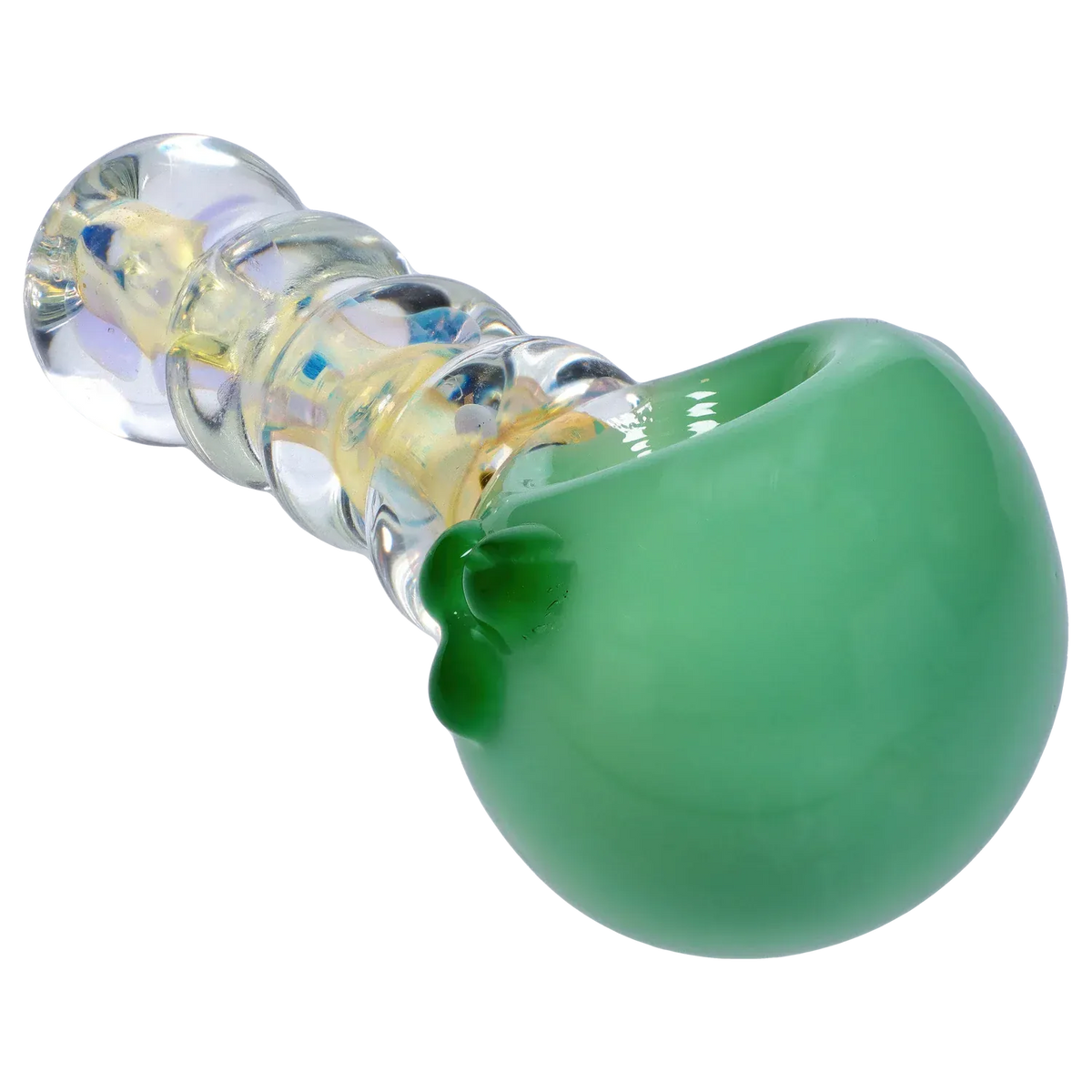 Angled close-up of the DHC Frit Head with Marbles Spoon Pipe - 5 in., showing a green rounded bowl and a clear ribbed handle with yellow and blue inner accents.