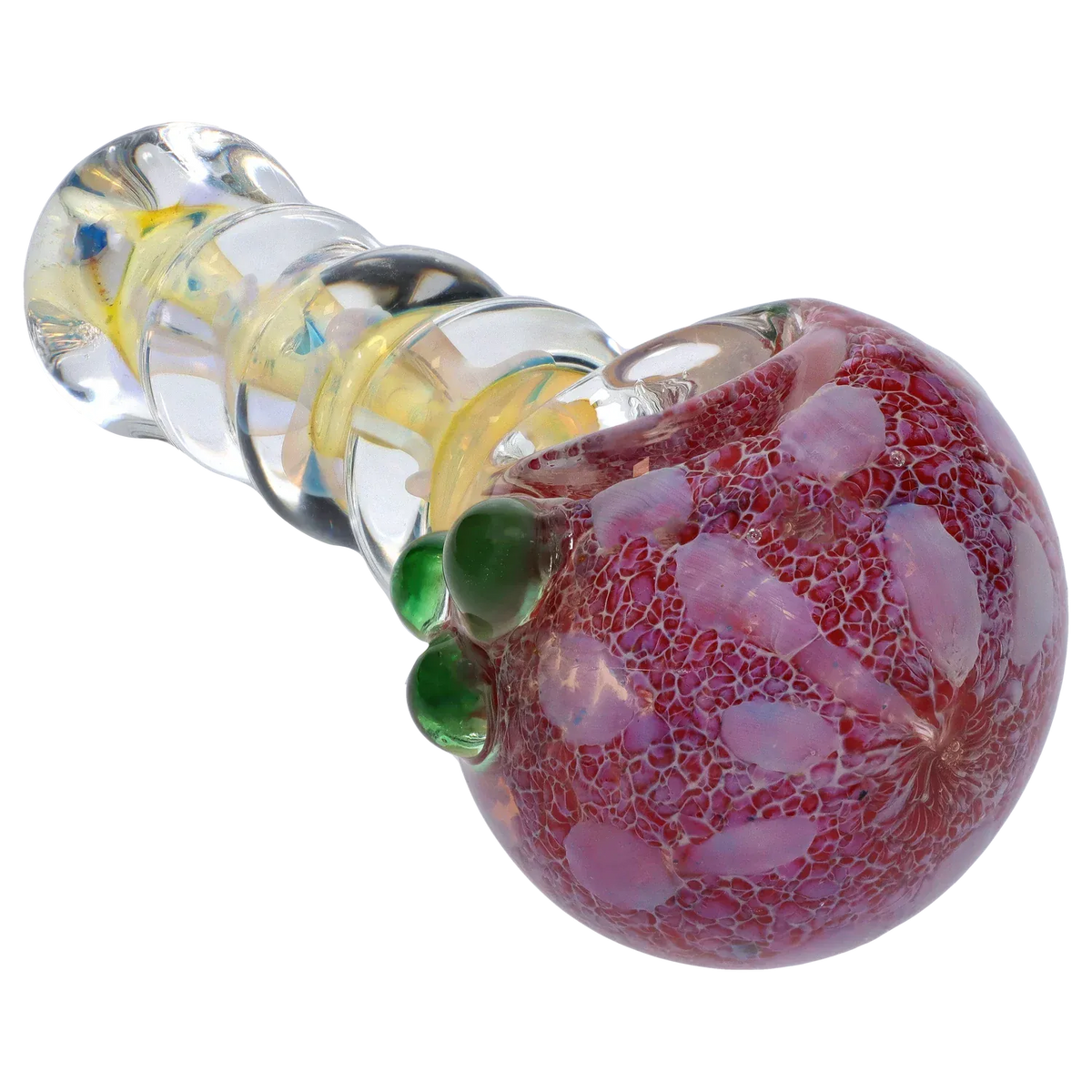 Angled close-up of the DHC Frit Head with Marbles Spoon Pipe - 5 in., showing its clear twisted handle and a red frit-pattern bowl with green marbles.