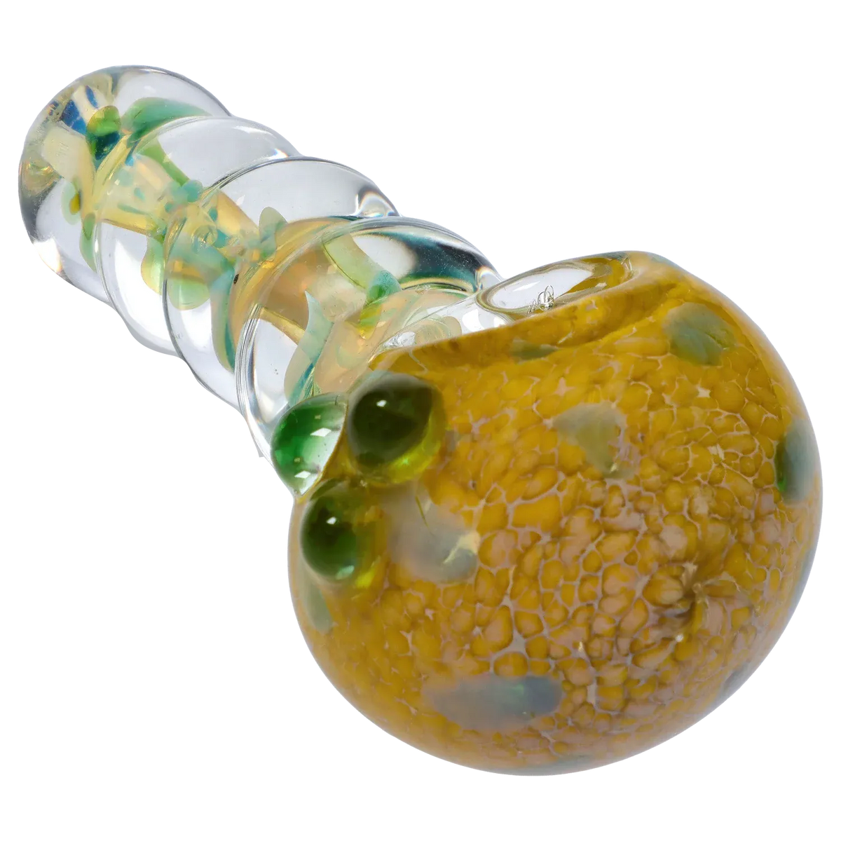 Angled close-up of the DHC Frit Head with Marbles Spoon Pipe - 5 in., showing a yellow fritted bowl with green marbles and a clear twisted stem.