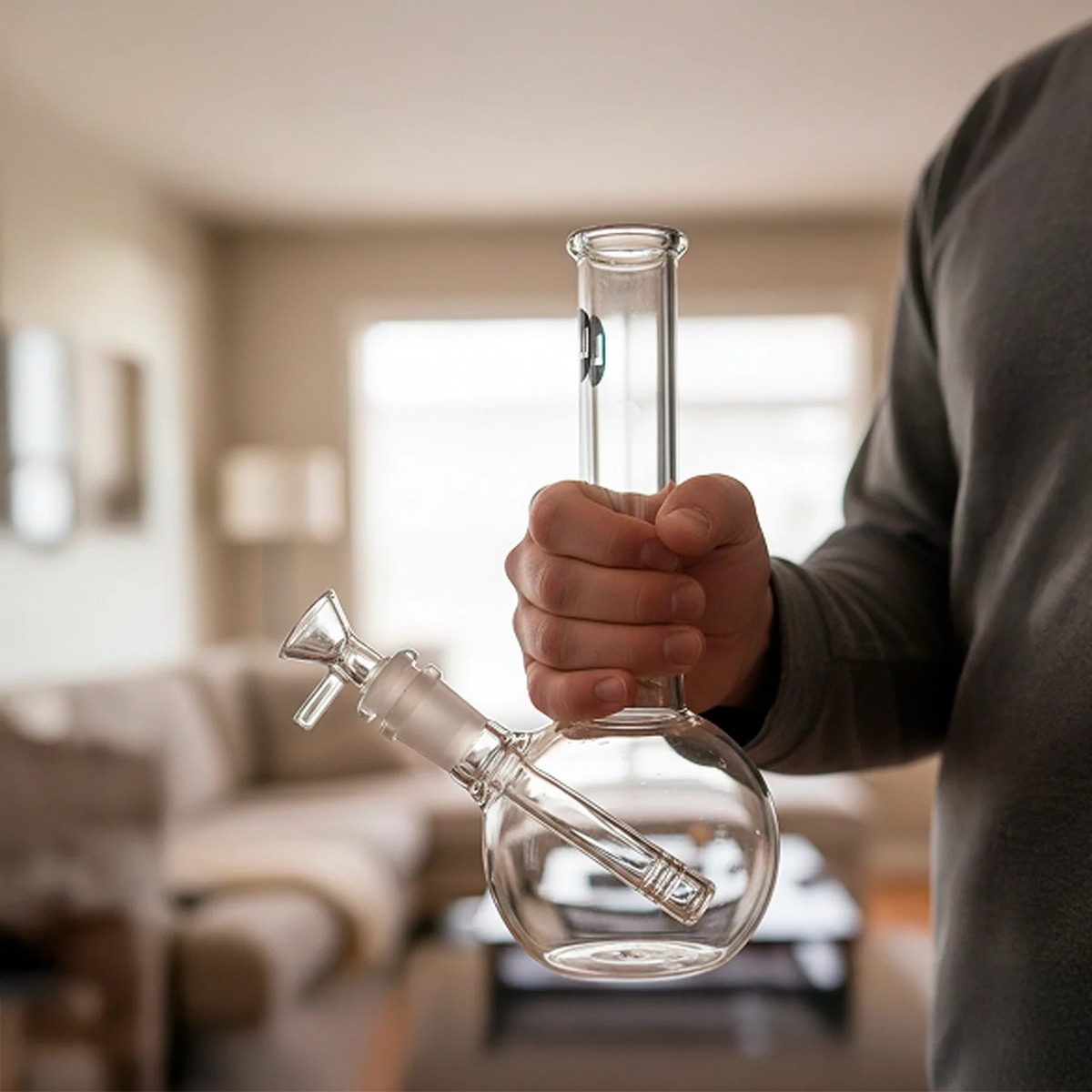 Close-up of a person holding the clear LA Pipes 8" Bubble Beaker Bong by its straight neck against a softly lit living room background