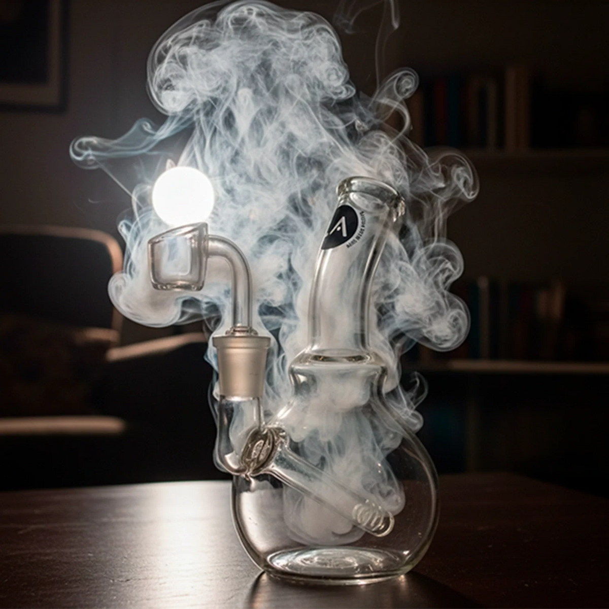 Three-quarter view of the LA Pipes Mini Bubble Beaker Rig with swirling smoke rising against a dim, book-lined background