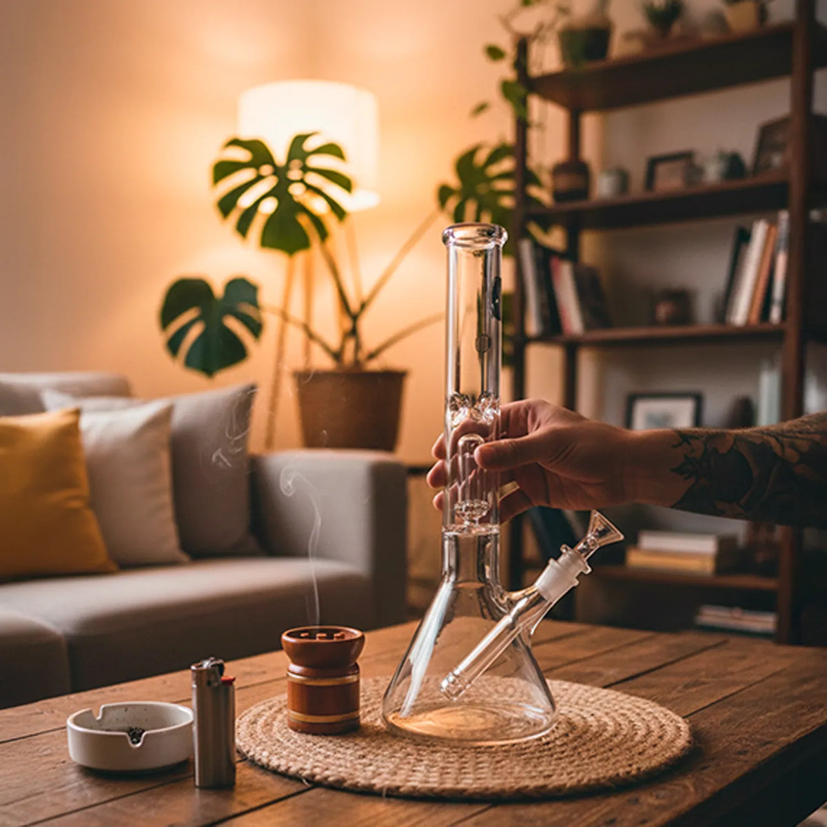 Hand-held view of the LA Pipes 14" Double Showerhead UFO Perc Beaker Bong in clear glass on a wooden table with a cozy living room background