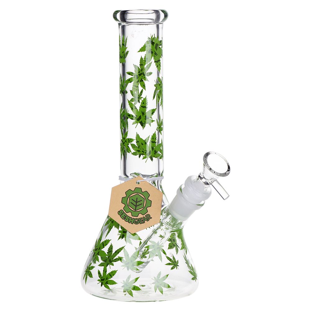 SeshGear Green Leaf Beaker Glass Bong - 9.75" / 14mm F