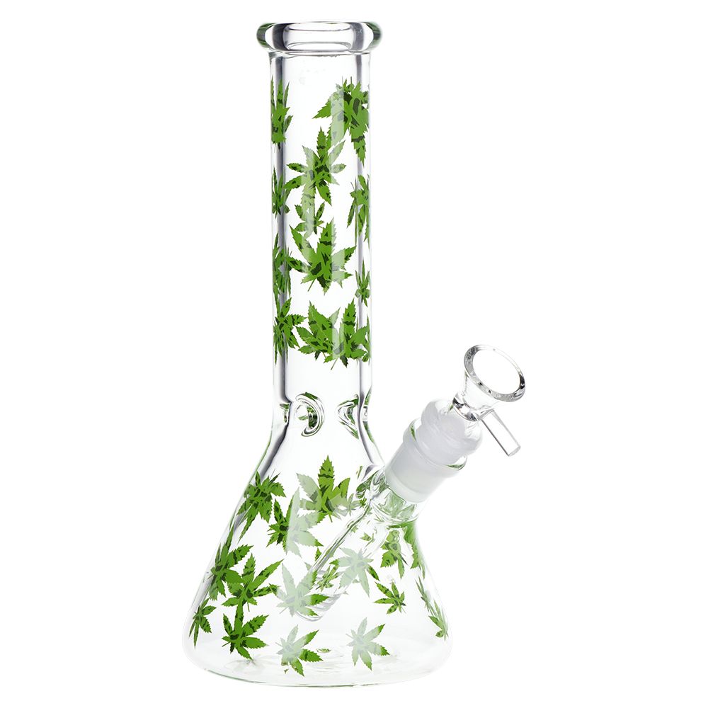 SeshGear Green Leaf Beaker Glass Bong - 9.75" / 14mm F
