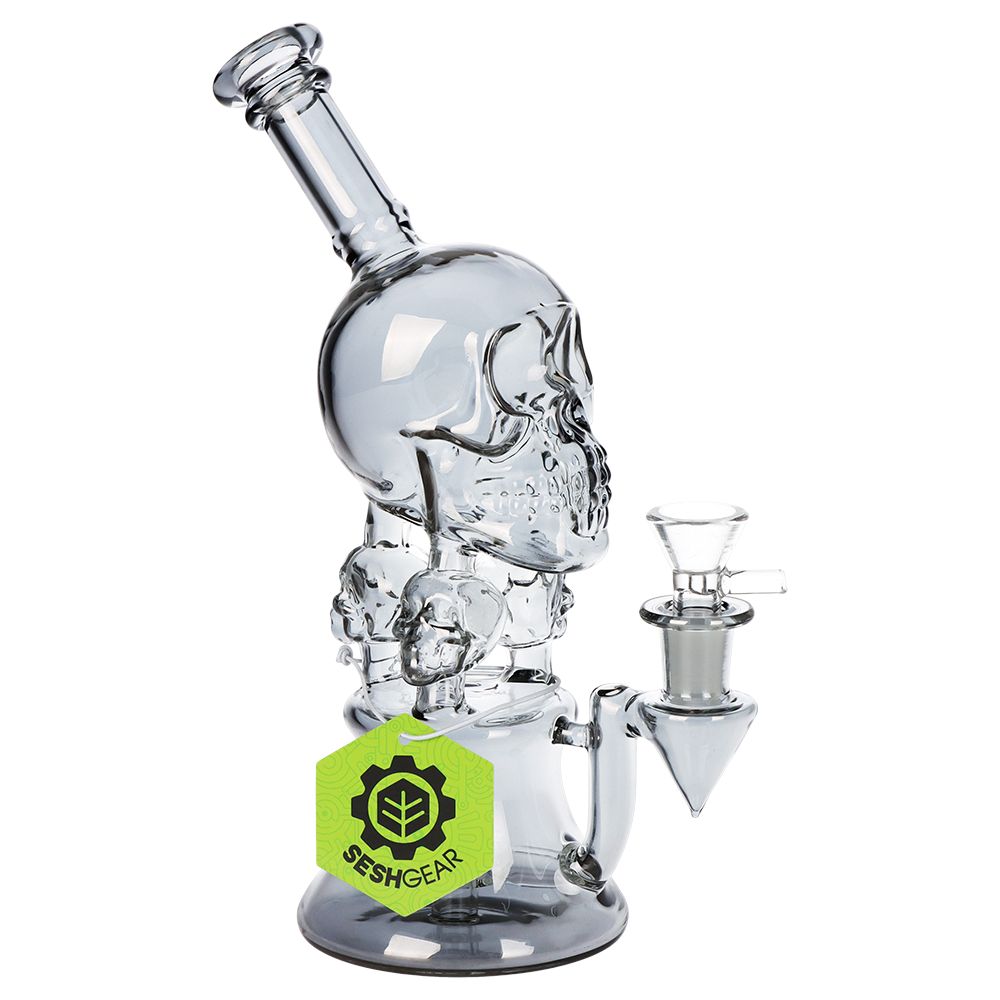 SeshGear Stacked Skulls Electroplated Glass Water Pipe - 9" / 14mm F / Smoke