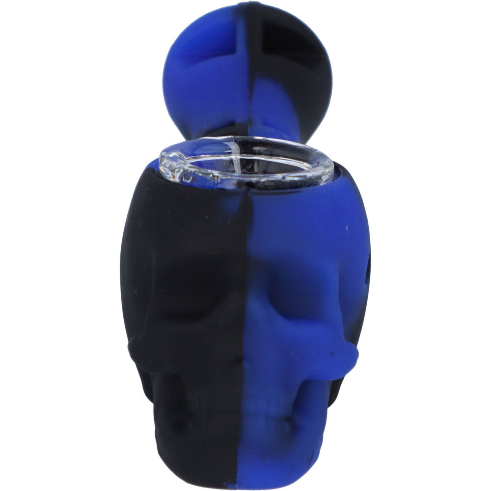 Silicone 2 in 1 Skull Pipe with Metal Dab Tool | Blue Black | Front view 