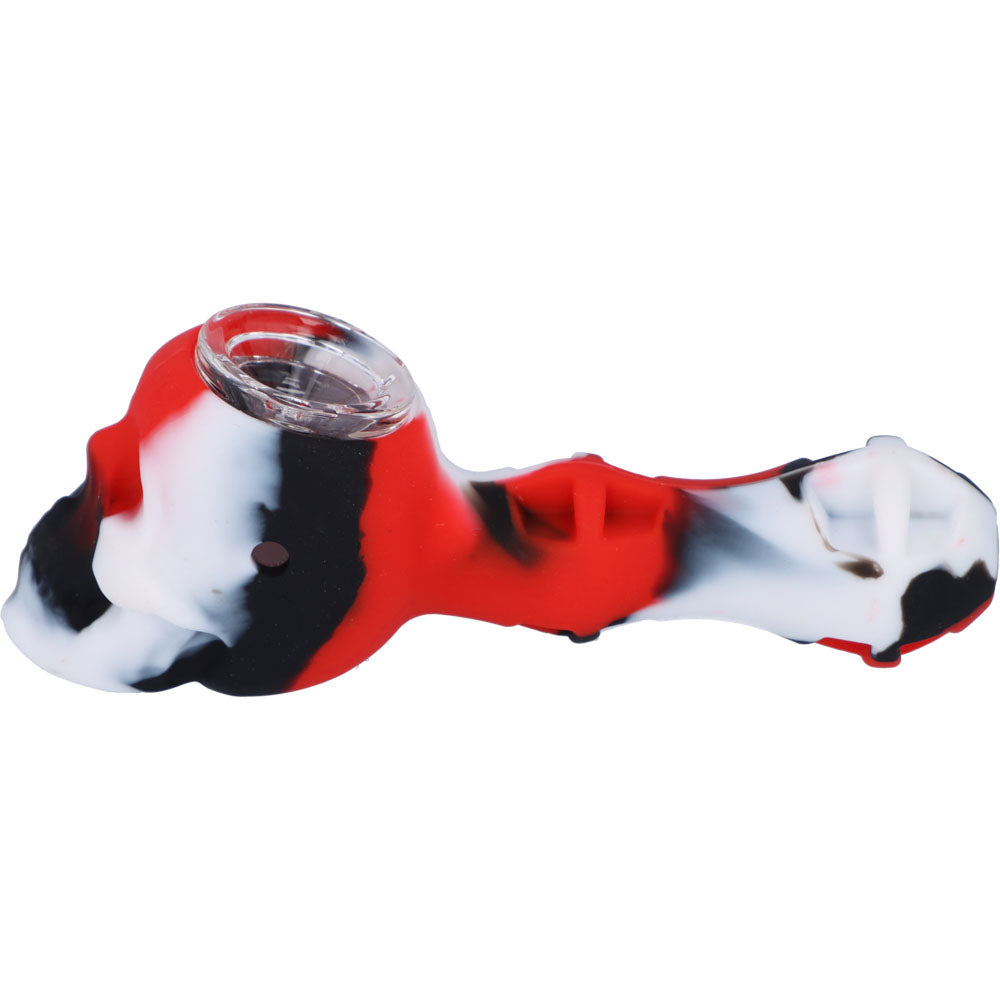 Silicone 2 in 1 Skull Pipe with Metal Dab Tool | Red White Black | Side view 