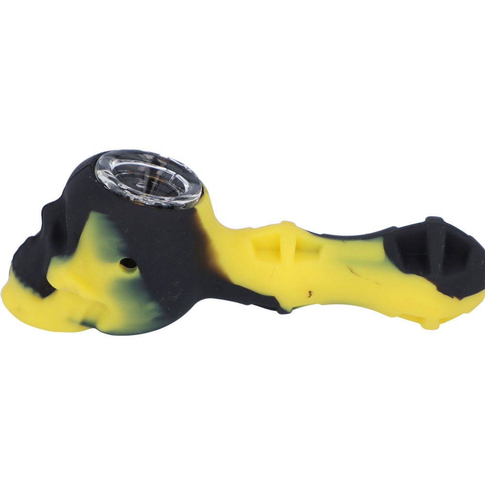 Silicone 2 in 1 Skull Pipe with Metal Dab Tool | Black Yellow | Side view 