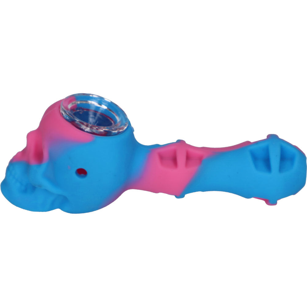 Silicone 2 in 1 Skull Pipe with Metal Dab Tool | Blue Pink | Side view 
