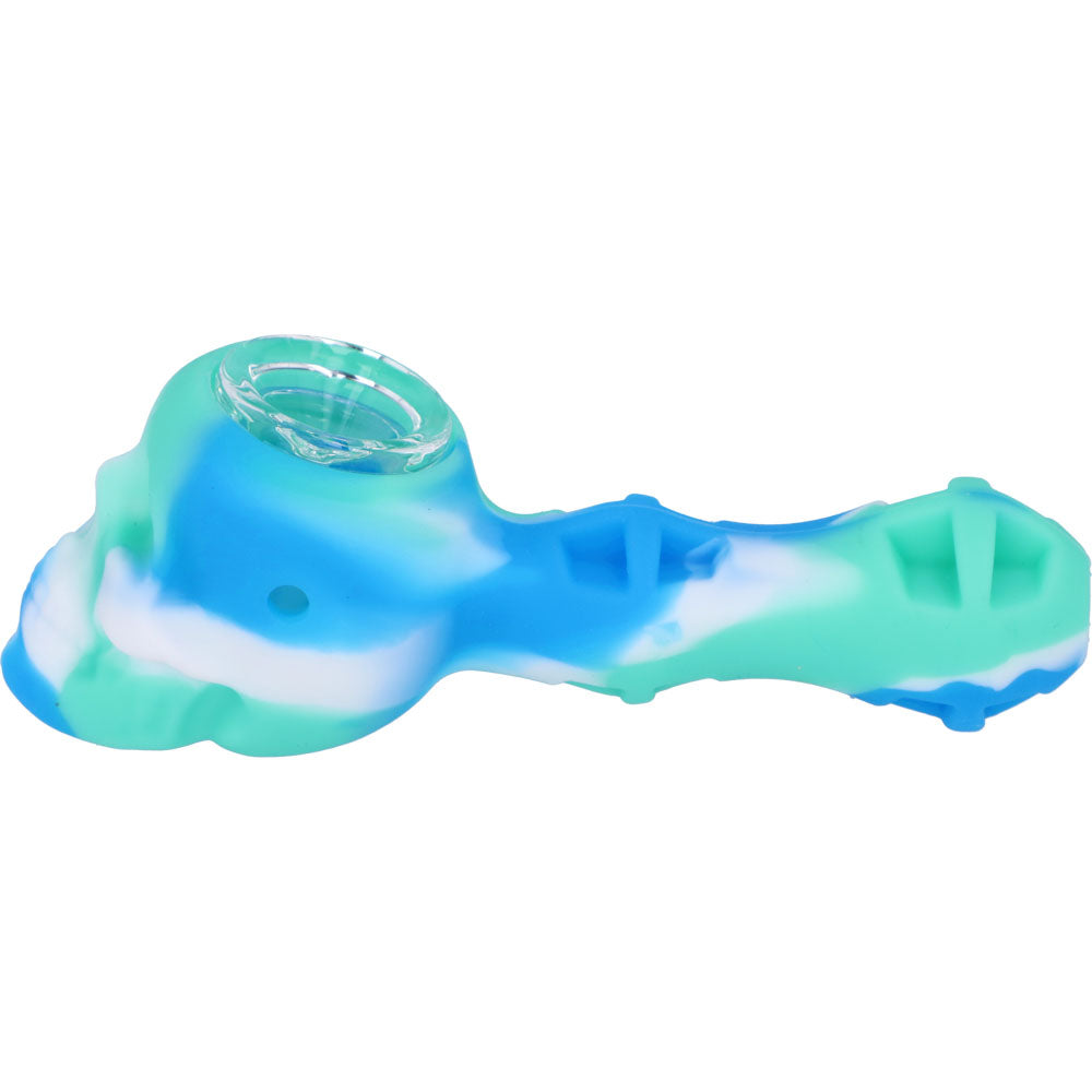 Silicone 2 in 1 Skull Pipe with Metal Dab Tool | Blue Green White | Side view 