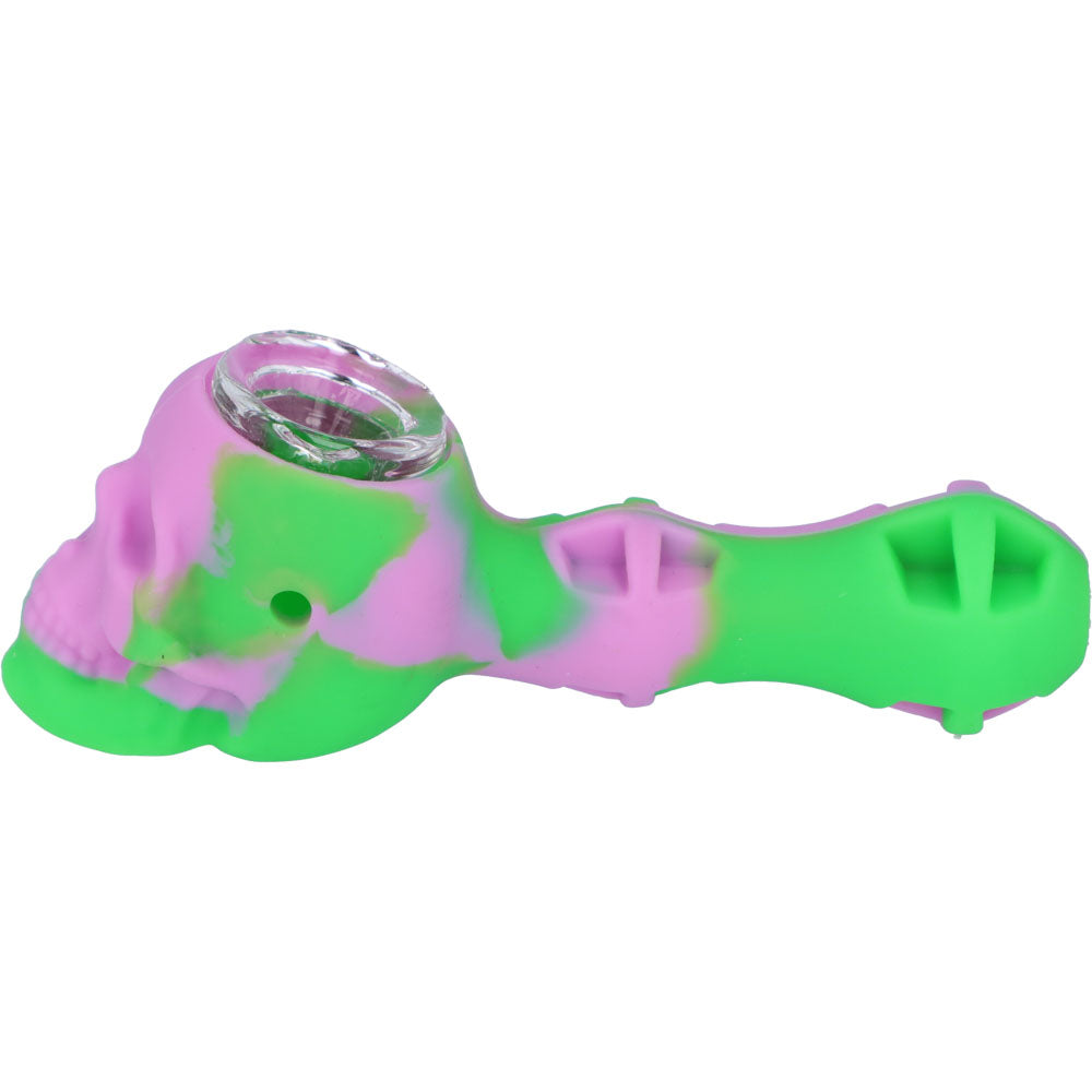 Silicone 2 in 1 Skull Pipe with Metal Dab Tool | Green Pink | Side view 