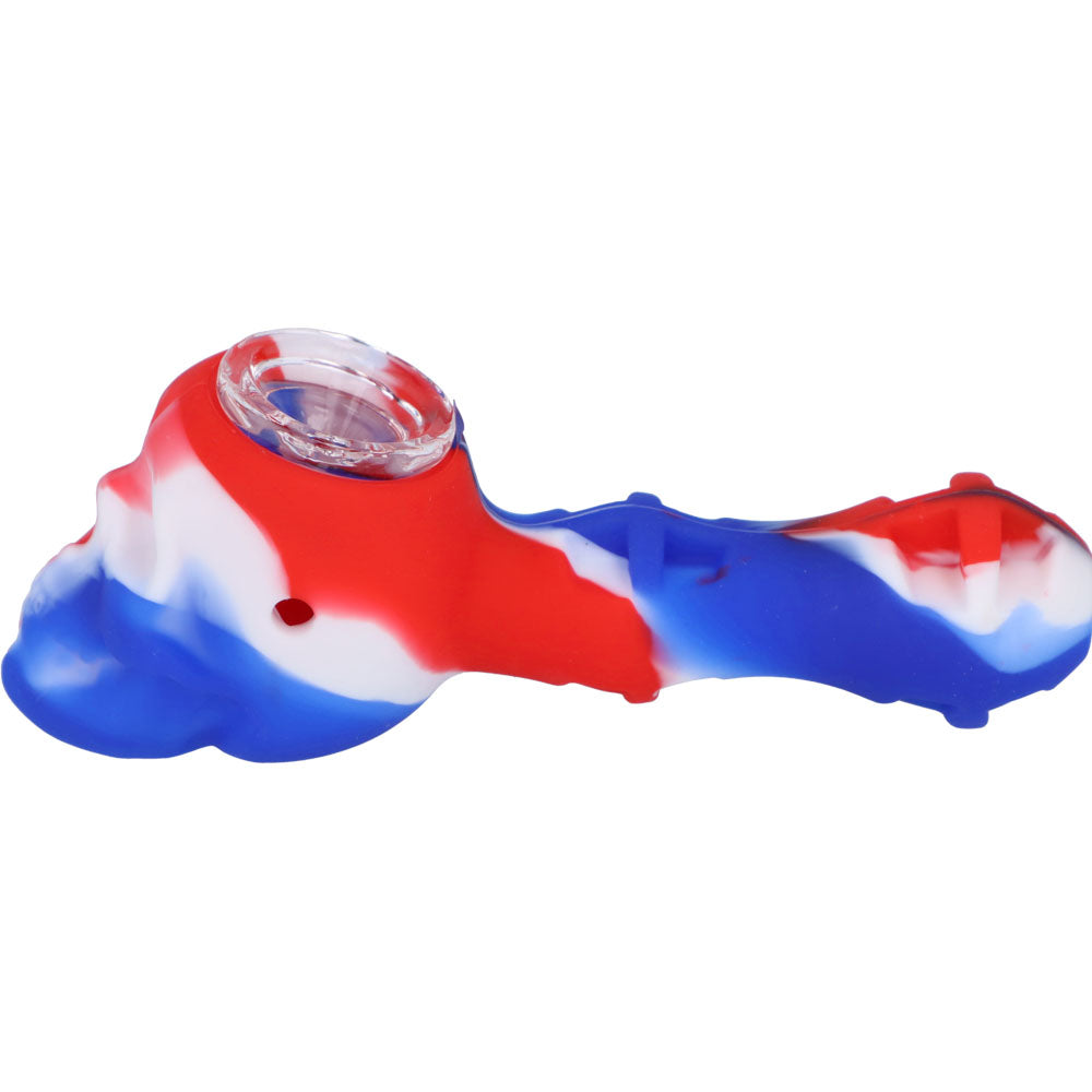 Silicone 2 in 1 Skull Pipe with Metal Dab Tool | Red White Blue | Side view 