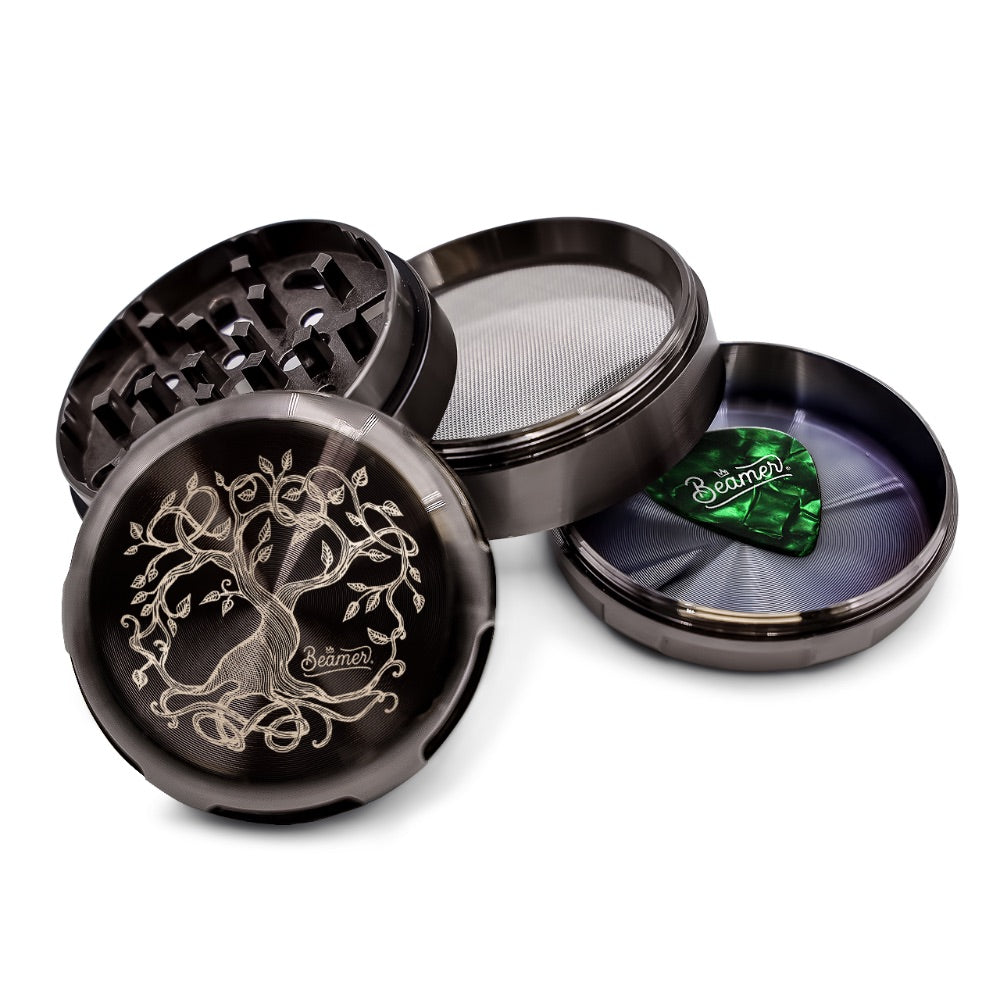 Beamer 4-Part Aircraft Grade Heavy Luminate Zinc Grinder | Black | Tree of Life