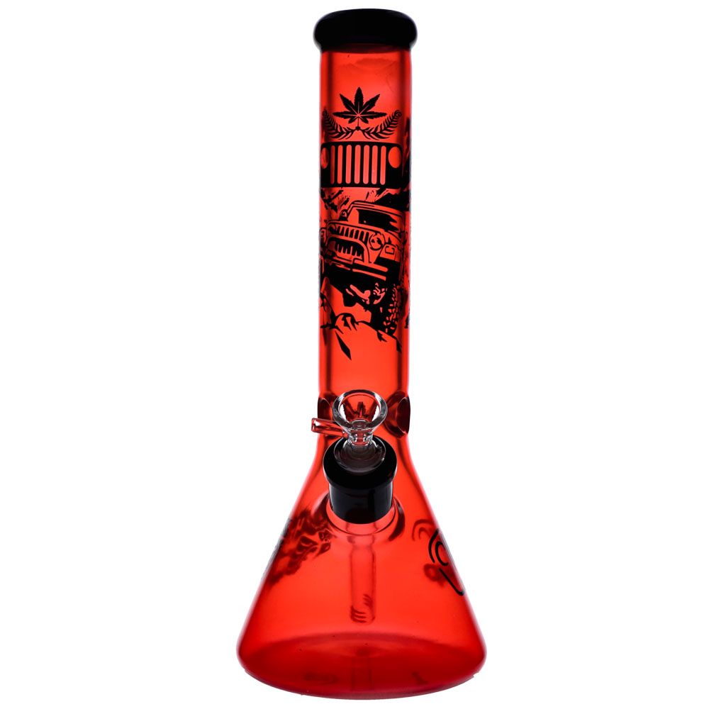 Colored Glass Beaker Base Ice Bong | Red | Side view 1