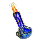 A detailed side view of the Metallic Fumed Glass Spoon Pipe- 3.75", showcasing its iridescent sheen and curved design.