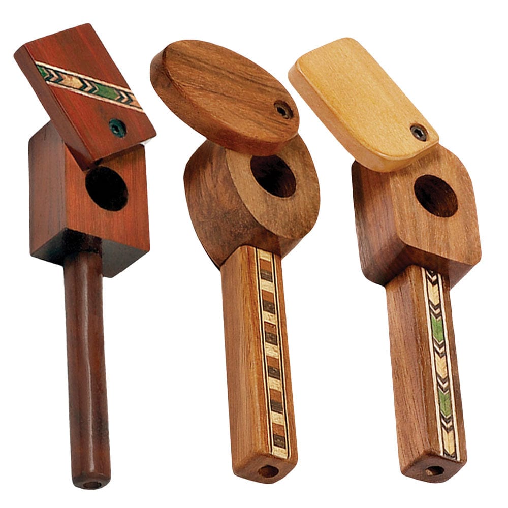 A close-up, angled view of the Marquee Inlaid Wood Spoon Pipe w/ Swivel Lid, showcasing its detailed wood grain and smooth finish.