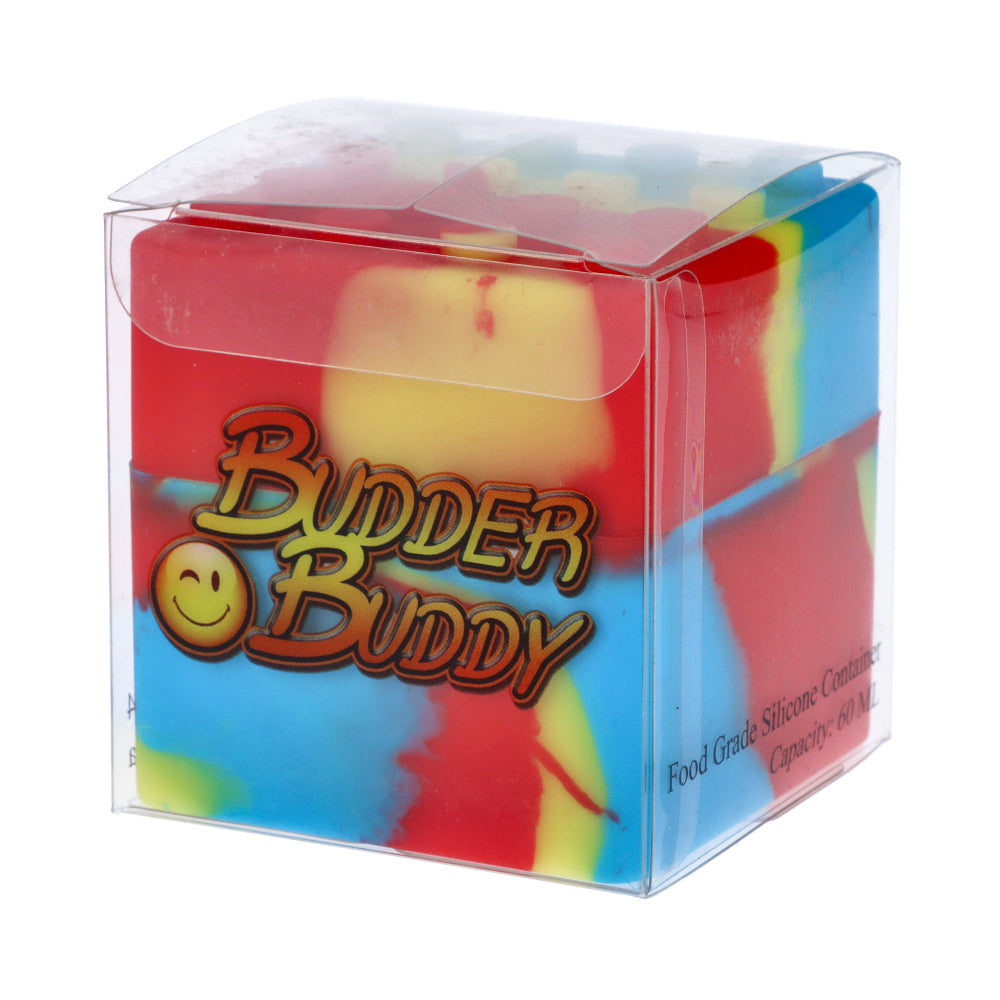 Budder Buddy Silicone Cube Stash Container | Red/Yellow/Blue | Side View Box 