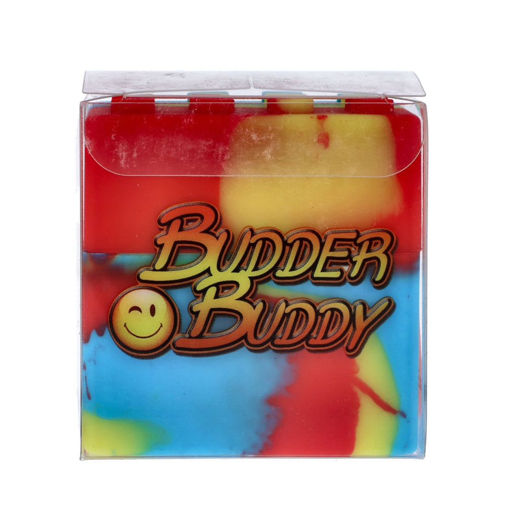 Budder Buddy Silicone Cube Stash Container | Red/Yellow/Blue | Front View Box