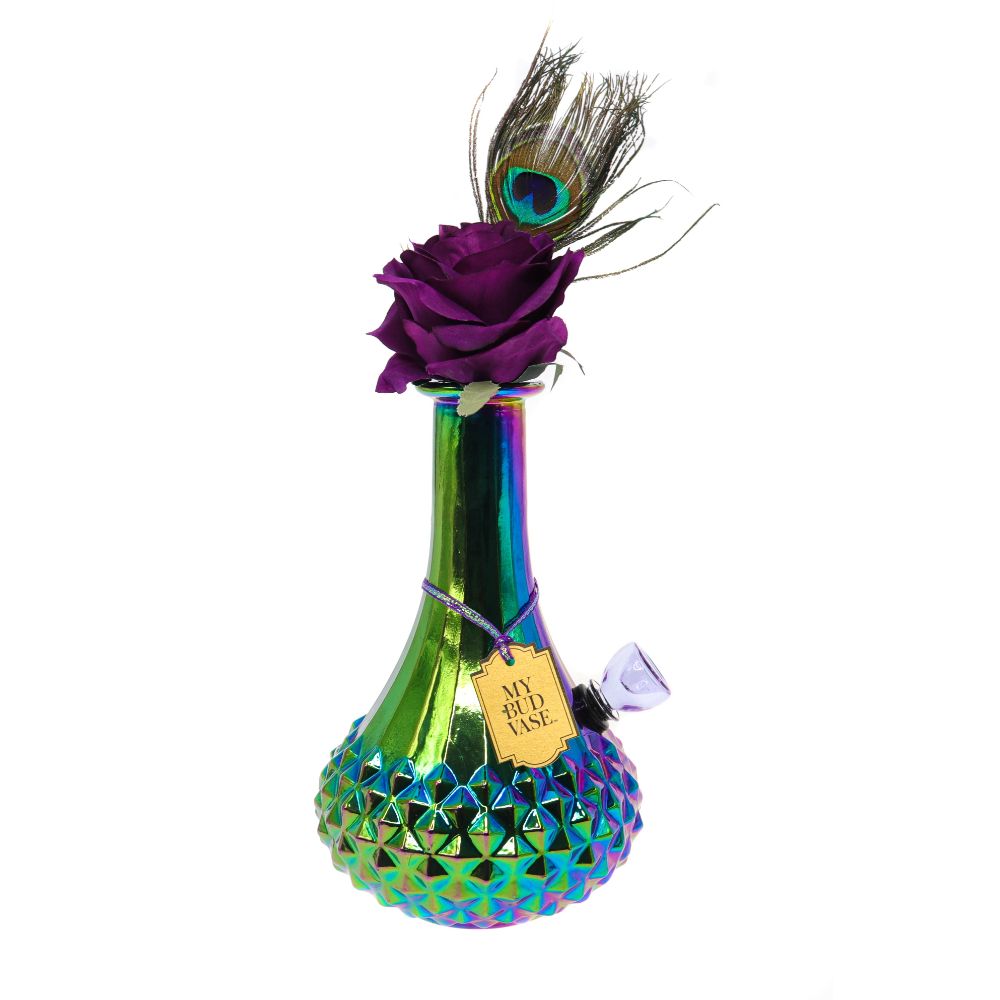 My Bud Vase "Aurora" Chrometech Beautiful Bong Vase | View with flower and feather 